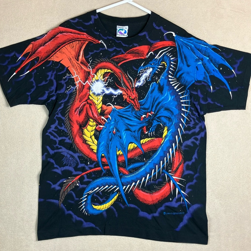 VTG Liquid Blue Dueling Dragons 1994 Single Stitch Allover Print Shirt size XL